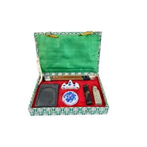 Vintage Chinese Calligraphy Set Box Kit Brushes Stone Green Case